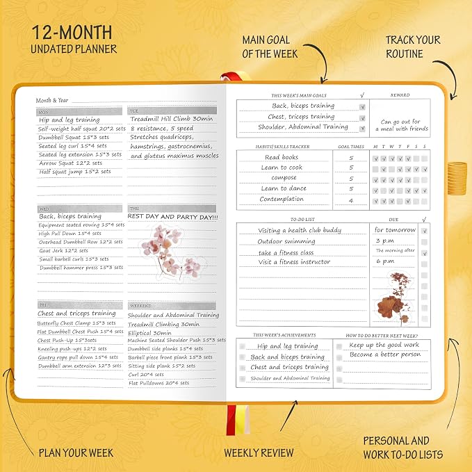 Undated Luxurious Weekly & Monthly Planner to Increase Productivity Hit Your Goals, Organizer Notebook Gratitude Journal Time Management Start Anytime, A5, Lasts 1 Year