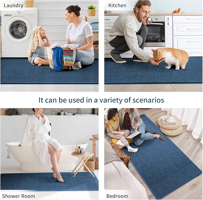 YDKGL Kitchen Mats for Floor, Super Absorbent Kitchen Rugs Non Slip Washable, Soft Imitation Linen Braided Kitchen Runner Rug, Standing Mat Sink Mat, Easy to Clean, Blue 17x47