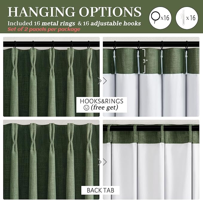 Loden Dual Layer Heavy Linen Blackout Curtains 96 Inches Long 2 Panels for Living Room, Memory Trained Pinch Pleated Olive Green Insulated Farmhouse Windows Drapes 96 Inch Length with Track System