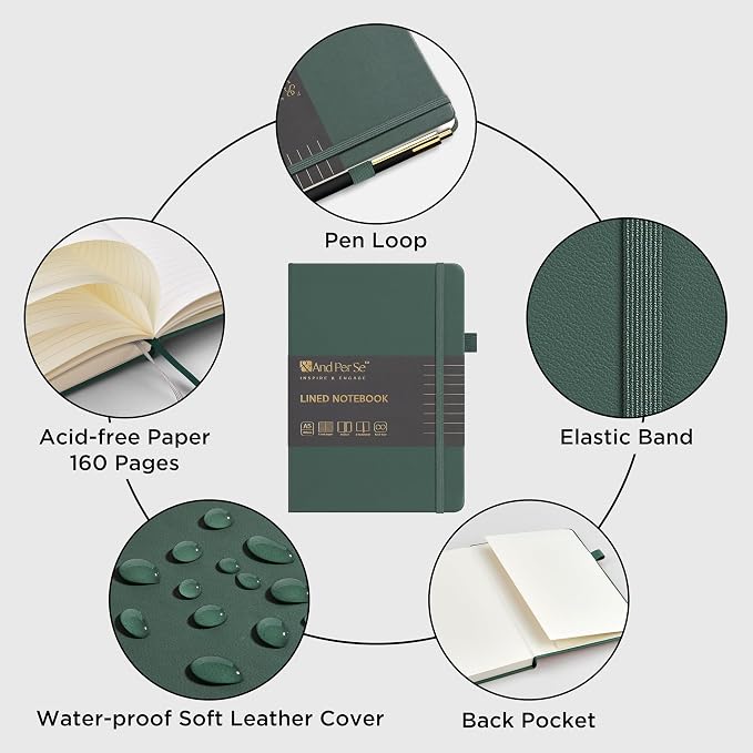 &And Per Se Lined Journal and Pen Set, A5 Leather Hardcover Notebook with Pen & Stationary Set, 160 Pages 100GSM Thick Ruled Paper Journal for Business Work Writing (Green)
