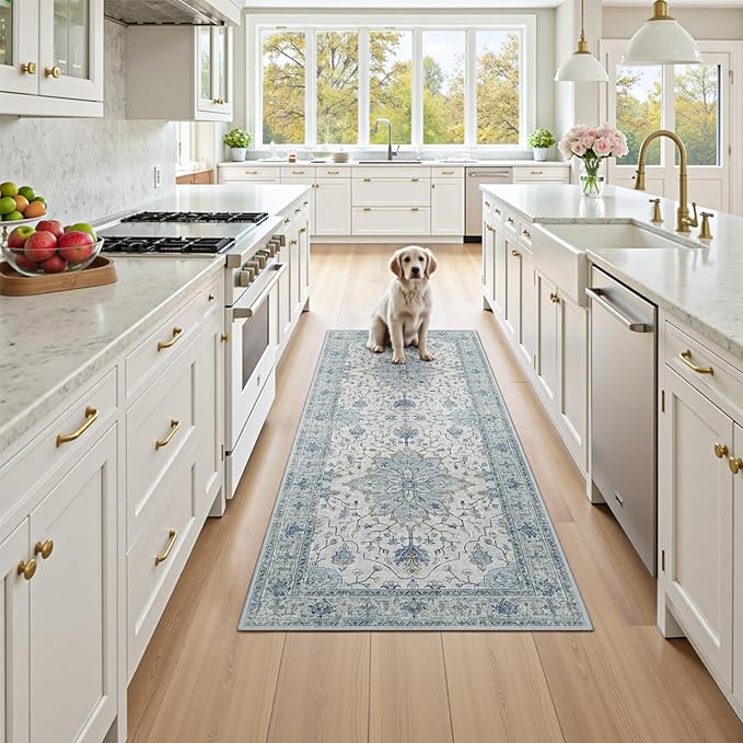RELEANY Area Rugs Runner 2'6"x8' Washable Non-Slip, Floral Vintage Distress Medallion Carpet for Kitchen Hallway Bedroom Beside Laundry Room Bathroom, Light Blue Navy Gray White