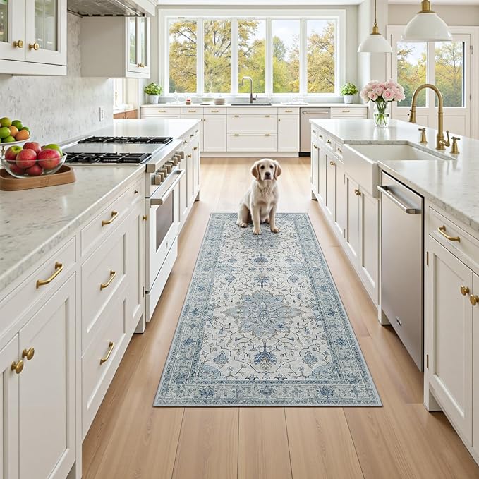 RELEANY Area Rugs Runner 3'x6' Washable Non-Slip, Floral Vintage Distress Medallion Carpet for Kitchen Hallway Bedroom Beside Laundry Room Bathroom, Light Blue Navy Gray White