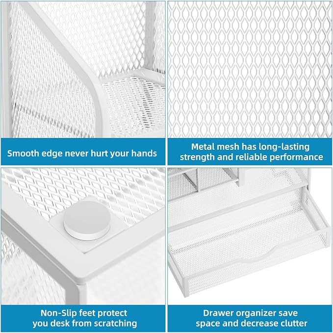 Marbrasse Mesh Pen Holder for Desk, Multi-Functional Pencil Organizer with Drawer, Desk Organizers and Accessories for Office Art Supplies (White)