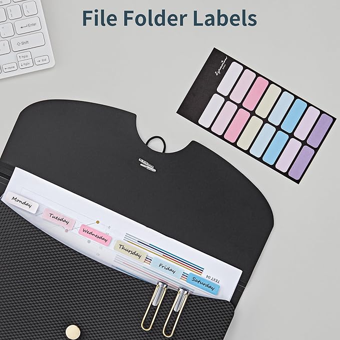 JARLINK 7 Pockets Expanding File Folder, A4 Size Accordion File Folders with 12 Labels, Cute Paper Organizer, Portable Document Organizer for Home College School Office Supplies, Black