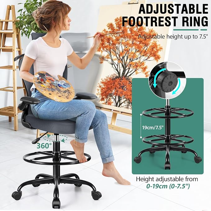 AtHope Drafting Chair, Tall Office Chair with 3D Lumbar & Head Support | Ergonomic Mesh Standing Desk Chair with Footrest Ring, Comfy Extended High Desk Chair with Flip-Up Arms & Hanger, Dark Gray
