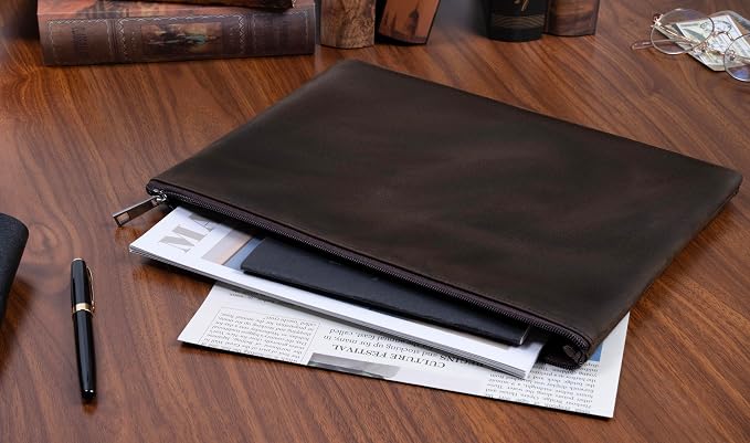 Genuine Leather A4 File Folder for Document, Leather File Folder Organizer Document Holder for Men&Women, Waterproof Portfolio Envelope Folder Case