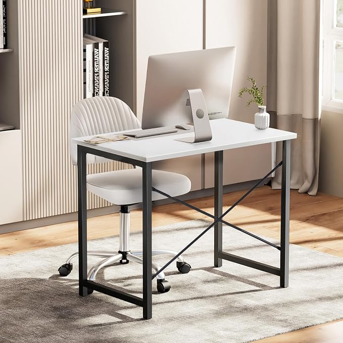 OLIXIS 47 Inch Computer Office Desk for Small Spaces, Writing Gaming Work Desk Modern Study Table with Metal Frame Home Bedroom, White