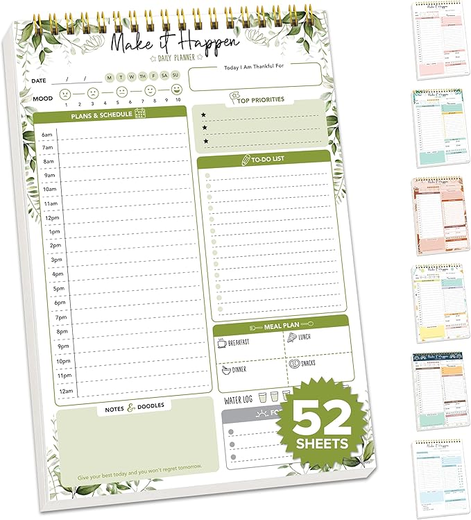 Decorably 52 Sheets Forest Green Undated Daily Schedule Notepad - 6.5x10in Spring-Bound, Easy Tear-Off, to Do List, Schedule, Priorities, Agenda, Water Intake, Meals, Notes and Doodles - Home, Office