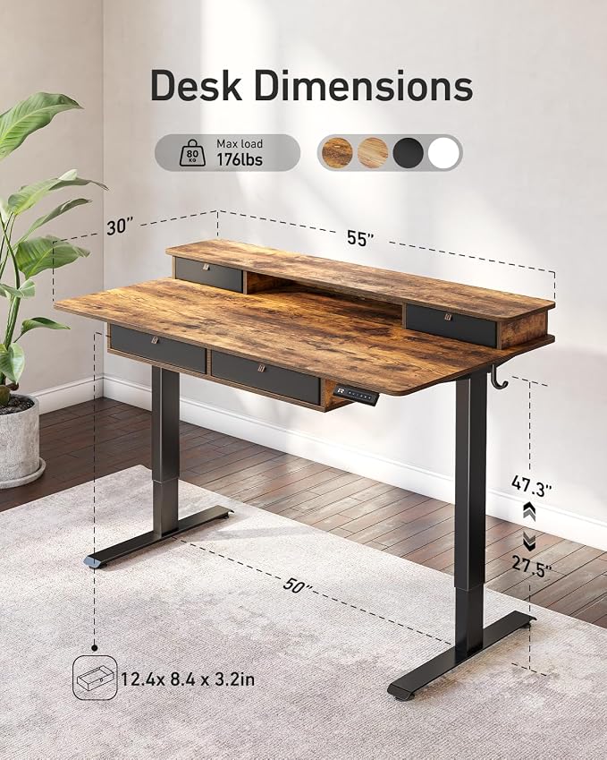 CubiCubi 55" x 30" Standing Desk with Drawers, Height Adjustable Electric Workstation, Computer Sit Stand Up Table with Large Storage Shelf 4 Drawers and 2 Hooks, Rustic Brown