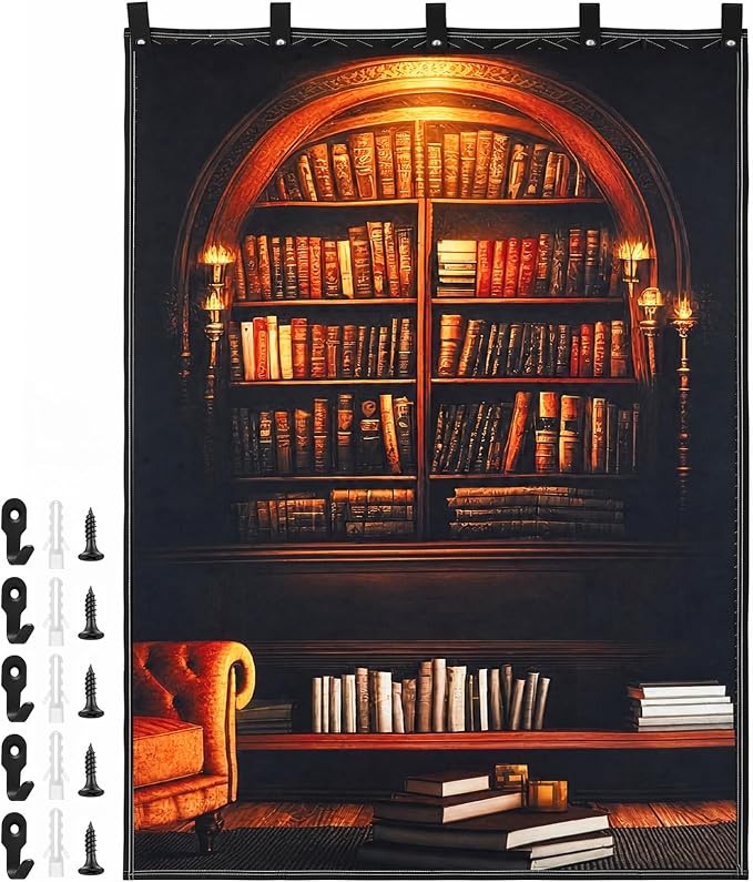 Tegeme Vintage Sound Dampening Blanket, Soundproof Curtain 80 x 48 Inch, Decorative Soundproof Blanket with Grommets for Windows, Doors, Studio Corners, Music Recording, Retro Bookshelf Printed
