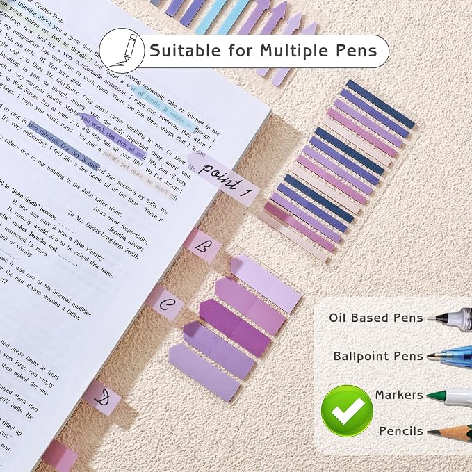1450 Sheets Transparent Sticky Notes, 3 x 3 inch Aesthetic Clear Lined Sticky Notes with Pen, Gradient Color Waterproof Self-Adhesive Annotation Tabs for Bible Journaling (Purple)