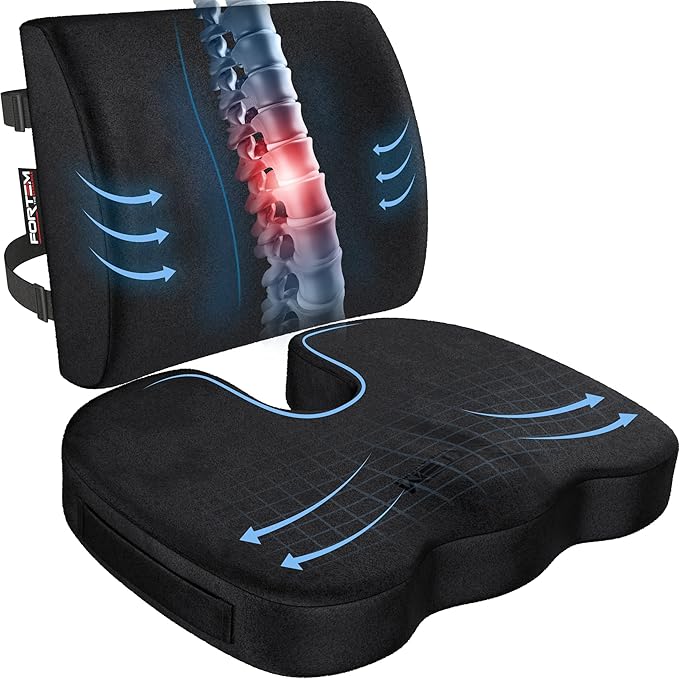 FORTEM Seat Cushion, Office Chair Cushion, Lumbar Support Pillow for Office Chair, Memory Foam Car Seat Cushions, Sciatica Coccyx Tailbone Pain Relief, Cushions for Back Support, Washable, Non Slip