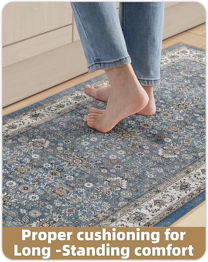 Color&Geometry Kitchen Mat 2Pcs-24x59+24x87 Vintage Anti Fatigue, Blue | 0.4in Cushion Standing Mat For Cooking/Working/Laundry, Boho Decor, Non Slip PVC Kitchen Rug, Oil/Water Proof, Anti Slip