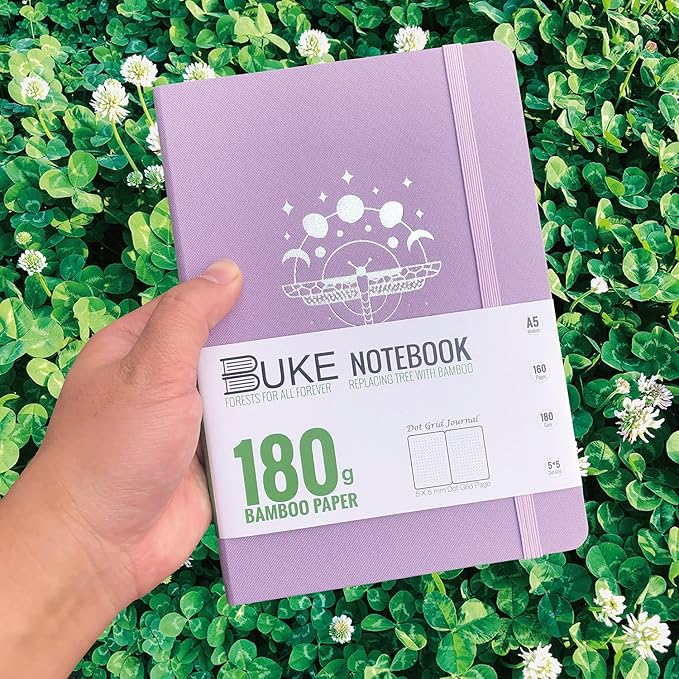 BUKE Dot Grid Notebook Dotted Journal,180Gsm Bamboo White Paper, 5 * 5MM Dots 160 Pages, Lay Flat Binding,Colored Silver Edges, Bookmarks and Expandable Back Pocket