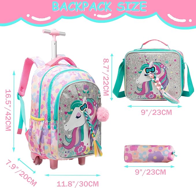 Unicorn Rolling Backpack for School Backpack with Wheels Backpack for Girls Primary School Kids Backpack Daypack Elementary Students for Girls Backpack for Travel