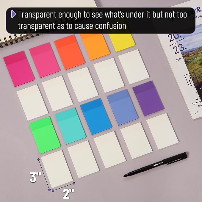 Mr. Pen- Transparent Sticky Notes, 3”x2”, 20 Pads, 1000Sheets, Colorful & Clear See Through Sticky Notes, Stocky Notes for Bible Journaling