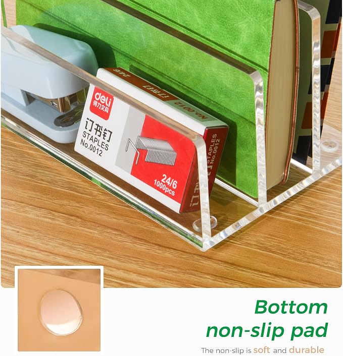 Clear Acrylic 3 Compartment Mail & Letter Organizer for Desk | 5mm thick, 3 compartments organize mail, bills, letters & files. Crystal clear acrylic, non-slip pads. No assembly.