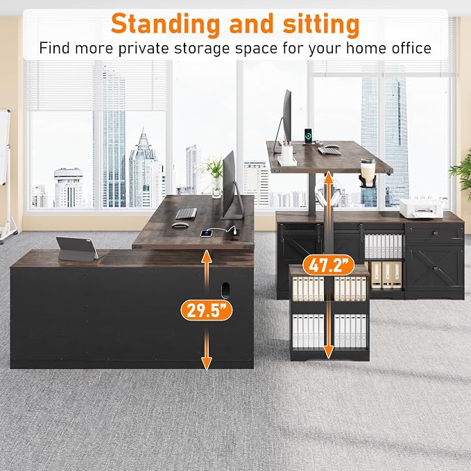 St.Mandyu L Shaped Electric Standing Desk 63" Black with Power & Storage | File drawer, sliding door cabinet, cup holder, height adjustable, sturdy wood frame, home office for work/study/writing