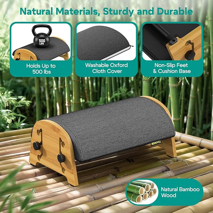 Ergonomic Foot Rest Under Desk at Work, Bamboo Wood Adjustable Foot Stool Under Desk with 6 Positions, Office Footrests with Memory Foam, Leg Rest Used for Car, Home, PC Gaming Accessories