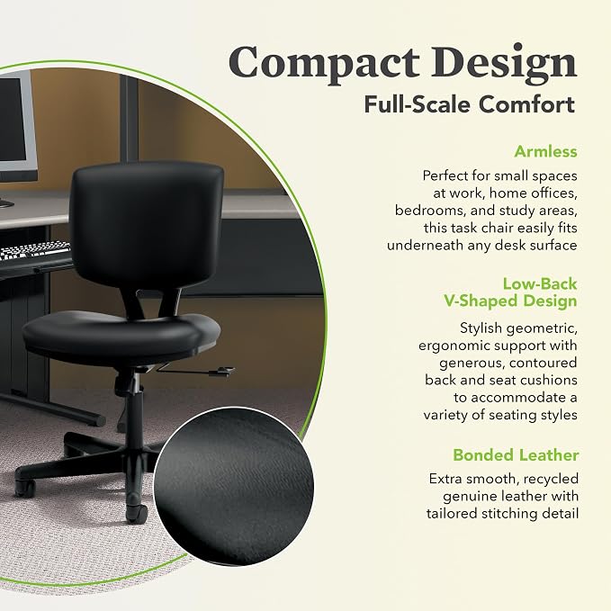 HON Volt Ergonomic Office Chair with Bonded Leather Seat and Back, Armless Desk and Computer Chair with Adjustable Center‑Tilt Recline and Wheels for Home Office or Workstation, Black