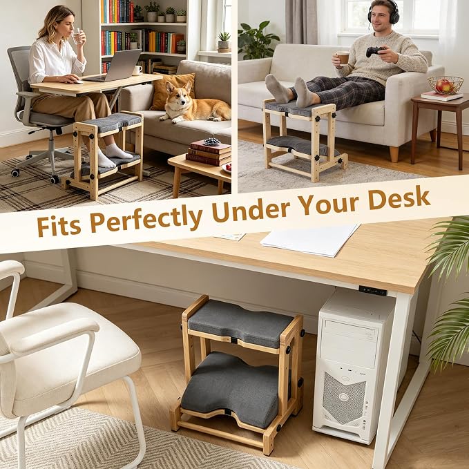 Double Step Foot Rest Under Desk, 8-Level Dual Adjustable Under Desk Foot Rest– 4 Height + 4 Angle Settings, Ergonomic Leg Rest with Cushion for Posture Support, Home Office & Gaming, Natural Wood