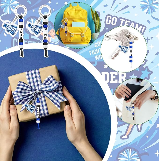 Suncalla 996 Pcs 24 Set Cheer Keychain Making Kit DIY Key Chain Crafts Cheerleader Gifts Cheerleading Bag Charms Adjustable Letter Beads Cards Strings Blue Kit for Backpack Team Gift Sport Accessory
