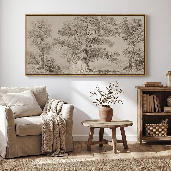 Framed Vintage Landscape Wall Art for Living Room, Large Horizontal Neutral Canvas Artwork for Walls, Tree Pictures Prints Paintings for Bedroom Dining Room Wall Decor, 24x48 Inch
