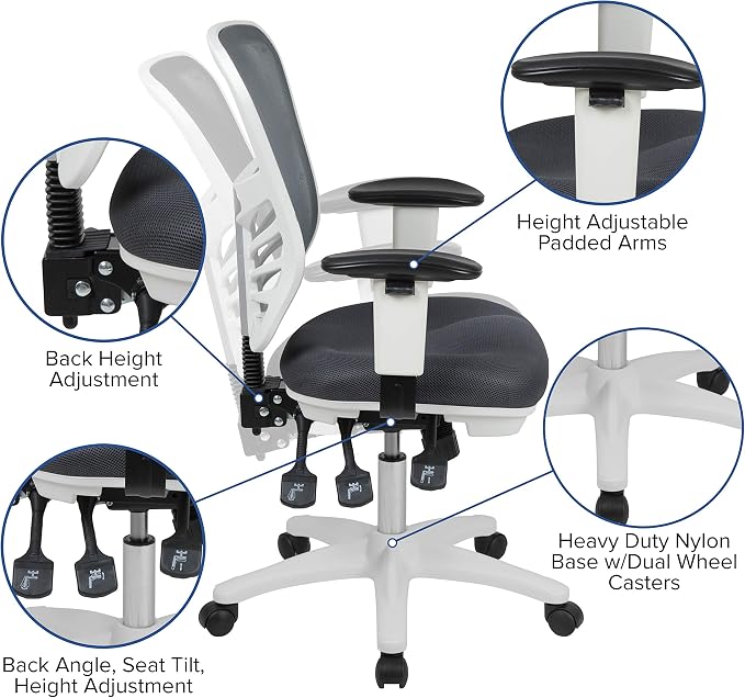 Flash Furniture Nicholas Mid-Back Swivel Office and Gaming Chair, Ergonomic Mesh Office Chair with Adjustable Lumbar Support and Height, Gray/White