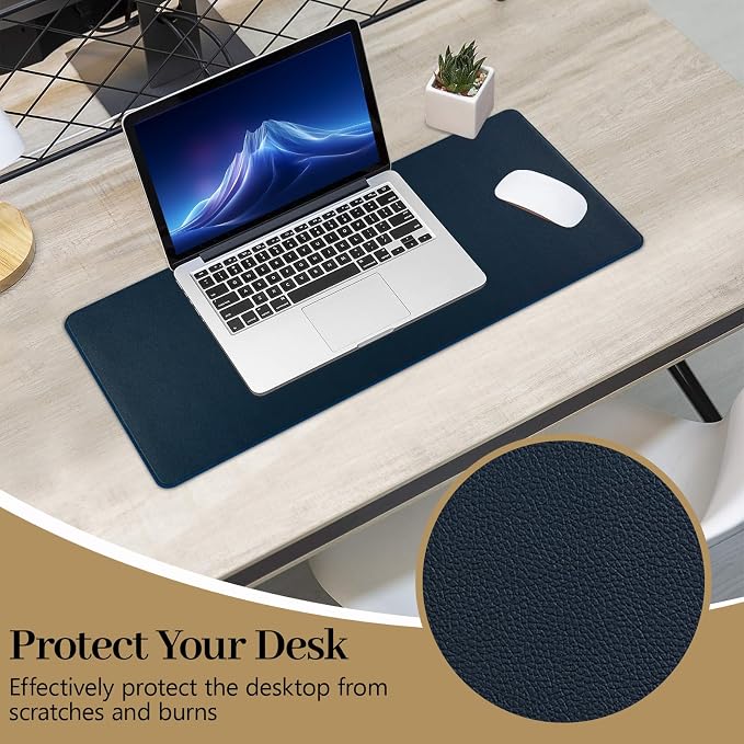 Dark Blue Leather Desk Pad Large Mouse Pad, 23.6"x13.8" | Waterproof Desk Mat for Keyboard and Mouse, Non-Slip Computer Desk Protector, Smooth Mouse Control for Home Office