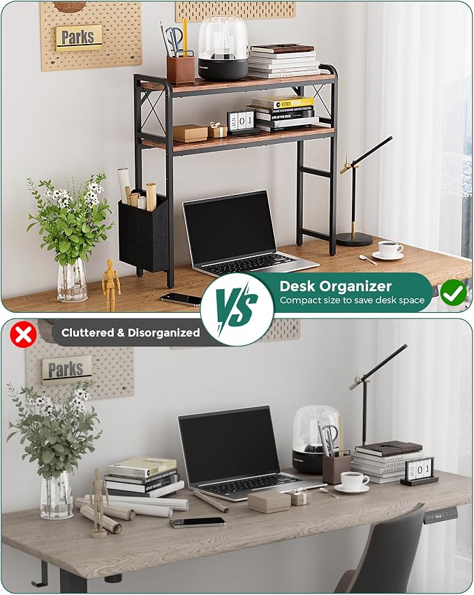 Desk Hutch Dorm with Adjustable Shelves and Side Pockets | 2-Tier Desktop Bookshelf Organizer, Monitor Stand, Large-Capacity Display Shelf Rack for Home Office or Study, Rustic Brown