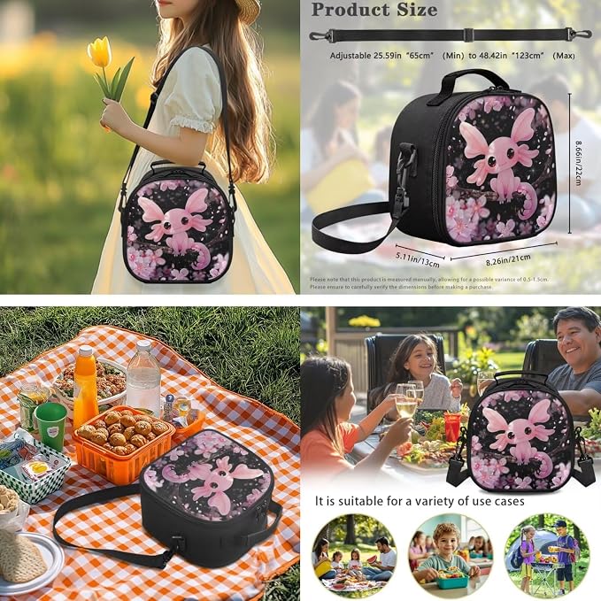 Ystardream Elementary Backpack and Lunch Bag Set for Girls Kindergarten School Funny Axolotl Bookbags with Side Pockets for Water Bottles with Soft Pencil Case & Water Bottle Sleeve for Student