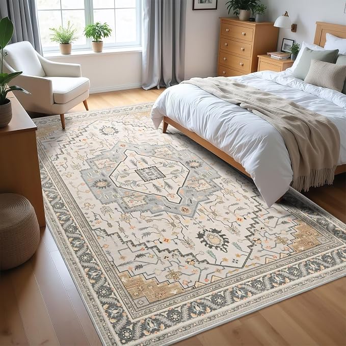 Macgace 6x9 Grey Beige Area Rug for Living Room, Machine Washable Rugs with Non-Slip Backing for Bedroom, Vintage Medallion Carpet Dining Room Office Kids Room Decor