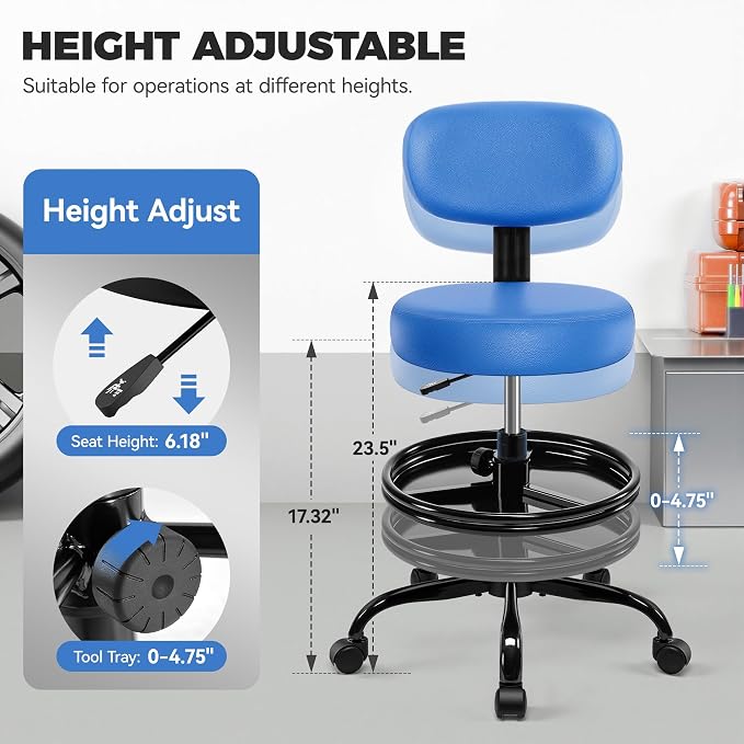 Shop Stool with Wheels for Garage, Mechanics Rolling Chair with Backrest, Adjustable Height Heavy Duty Garage Stool with Footrest and Storage Tray, Swivel Task Chair for Workshop Kitchen Salon (Blue)
