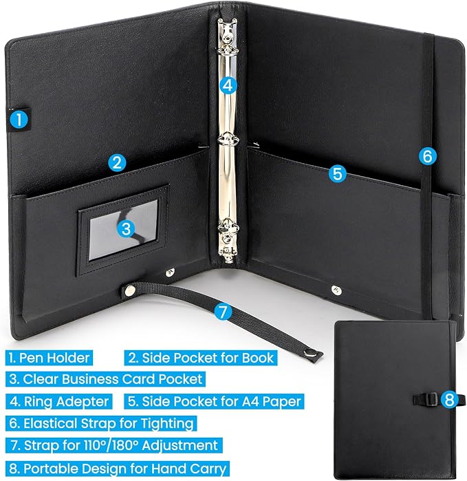 Sheet Music Folder, 3 Ring Choir Music Holder with Adjustable Handle Strap, 13'' x 10'' PU Leather Black Piano Sheet Binder Organizer for 8.5'' x 11'' Letter Size, A4 Paper (Pages Not Included)