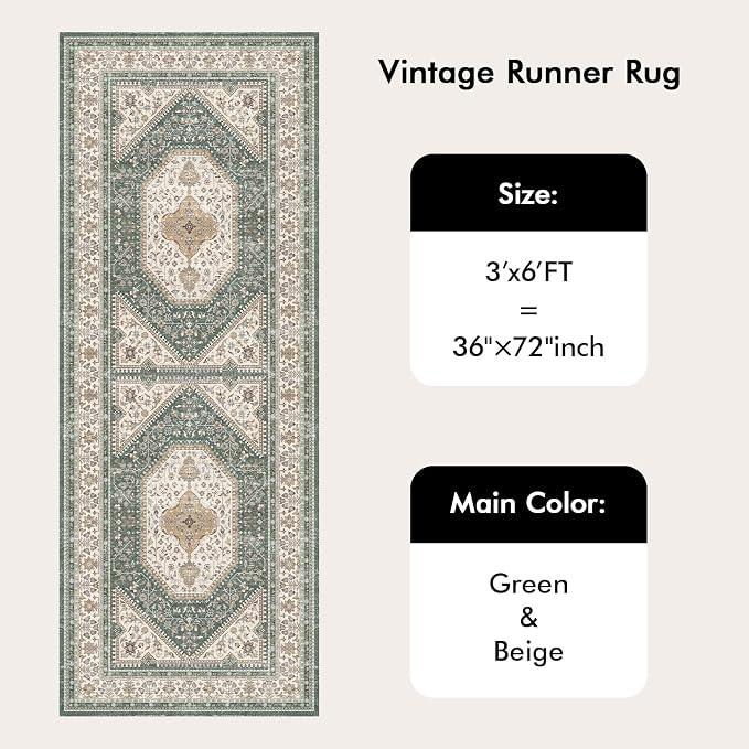 3x6 Runner Rug for Hallway Washable: Non Slip Kitchen Rugs with Rubber Backing Soft Waterproof Wide Mats Stain Resistant Low Pile Carpet for Entryway Bedroom Bathroom Laundry Home Decor Green/Beige