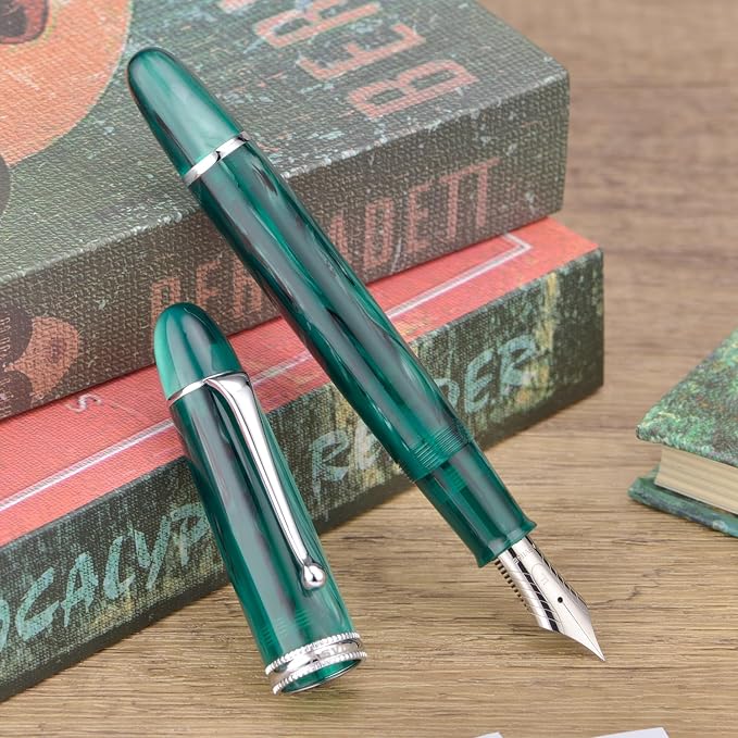 Asvine V800 Fountain Pen -Vacuum Filling System with Large Ink Capacity-Number 8 Stub Nib 1.1mm Calligraphy Art Drawing with Wrench - Green Acrylic
