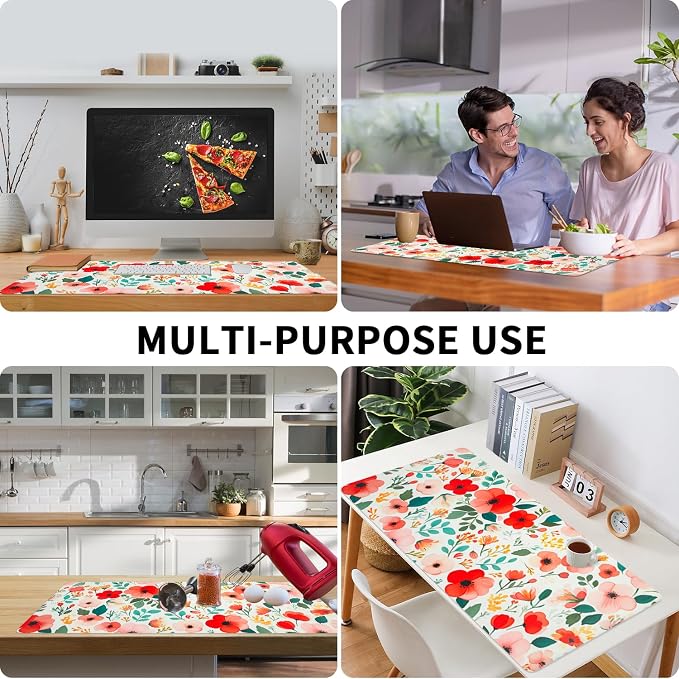 Bloss Red Floral Desk Mat for Desktop, Leather Desk Mat with Ink Painting Like, Red Flower Keyboard Mat, Women Girls Gift(31.5" X 15.7")