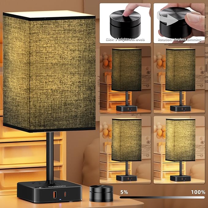 cozoo Bedside Table Lamp for Bedroom, 3 Way Dimmable & Remote Control Stepless Dimming Touch Nightstand Lamp, 2 USB Ports and 2 AC Outlets, Small Desk Light for Living Room, Bed, Study, Black