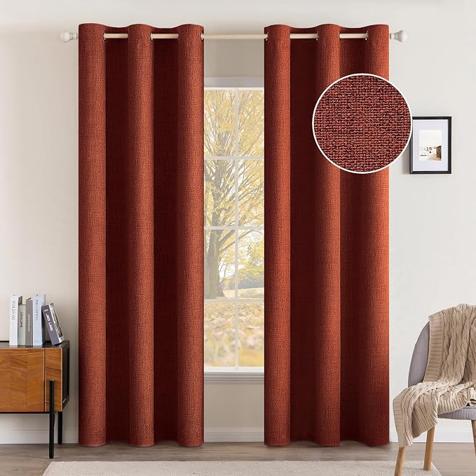 MIULEE 100% Blackout Linen Curtains Thermal Insulated Burnt Orange Fall Curtains Grommet Room Darkening for Living Room Bedroom Rust Terracotta 42 x 84 (2 Panels)