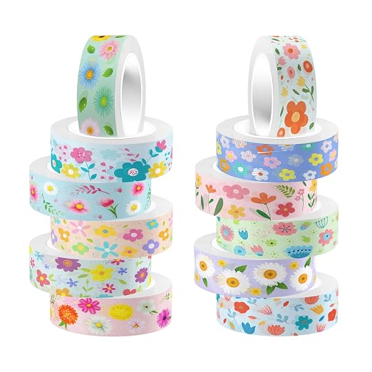 12 Rolls Flower Washi Tape Set, Watercolor Floral Botanical Decorative Masking Tapes, Cute Blooms Adhesive Tapes for Spring DIY Art Crafts Scrapbook Planners School Gift Wrapping Supplies 16.4Ft