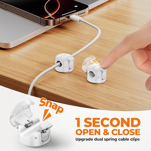 6 Pack Spring Cable Clips,Cord Organizer with Clasp Lock Desk Cable Management Cord Holder Adhesive Phone Charger Cord Clips for Home Office Car Wall Nightstand Accessories White
