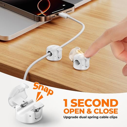12 Pack Spring Cable Clips,Cord Organizer with Clasp Lock Desk Cable Management Cord Holder Adhesive Phone Charger Cord Clips for Home Office Car Wall Nightstand Accessories White