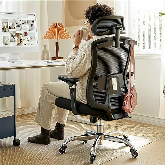 HUANUO FlowLift™ Ergonomic Office Chair with 6D Armrest and Lumbar Support | Seat depth adjustment, quiet rubber caster, 3D headrest, high back mesh, big and tall design, 4-position recline