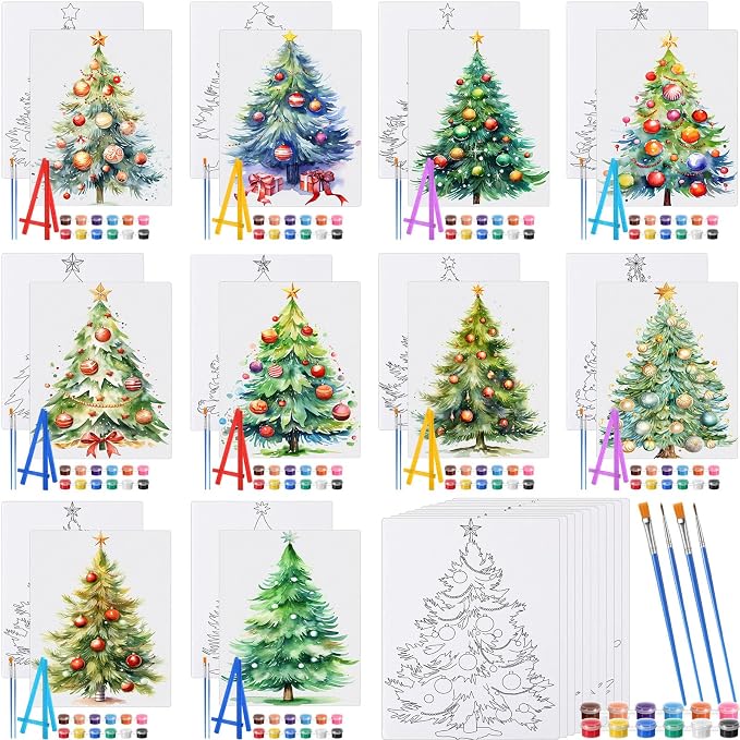 Blosssound 10 Set Pre Printed Canvas Pre Drawn Canvas Painting with Easel Kits 5" x 7" Outline Painting Panels for Beginners, DIY Craft Project, Party Favor, Home Decors (Christmas Tree)