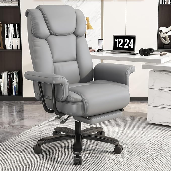 GYI 160 Reclining Office Chair with Footrest, Big & Tall Desk Chair, Grey | Cross Legged Seat, High Back, Faux Leather, Heavy Duty Base, Adjustable Height, for Home, Executive