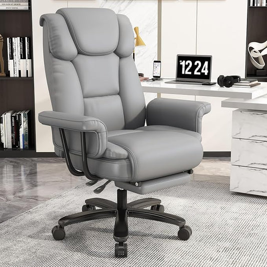 GYI 160 Reclining Office Chair with Footrest, Big & Tall Desk Chair, Grey | Cross Legged Seat, High Back, Faux Leather, Heavy Duty Base, Adjustable Height, for Home, Executive