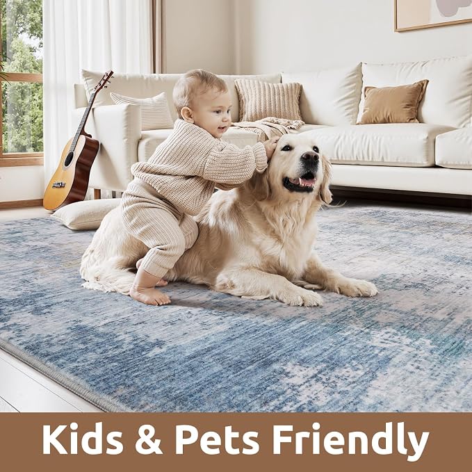 8 x 10 Area Rugs for Living Room, Machine Washable Non Slip Rug Ultra Soft Low Pile Indoor Carpet Modern Abstract Rugs for Bedroom Office Room Dining Room Beside, Blue