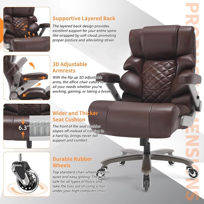 VUZI 700lbs Big and Tall Office Chair, Large Executive Leather Desk Chair | Adjustable Lumbar Support for Back Pain, Plus Size Wheels, 3D Flip Arms, Heavy Duty Metal Base, Wide Seat Computer Chair