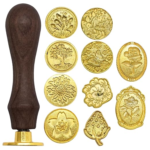Wax Seal Stamp Kit, 10 Pcs Wax Seal Stamp Heads with a Wooden Handle for Wedding Invitations, DIY Crafts, Envelopes, Greeting Cards and Gift Decoration
