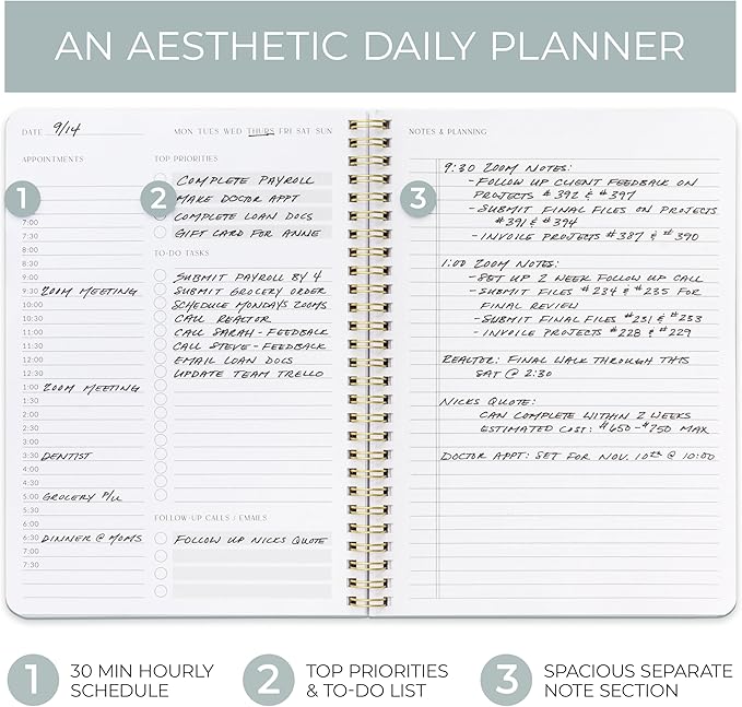 Beautiful Daily Planner And Notebook With Hourly Schedule - Aesthetic Spiral To do List Notepad to Easily Organize Your Tasks And Appointments - Stylish Book And School Or Office Supplies For Women